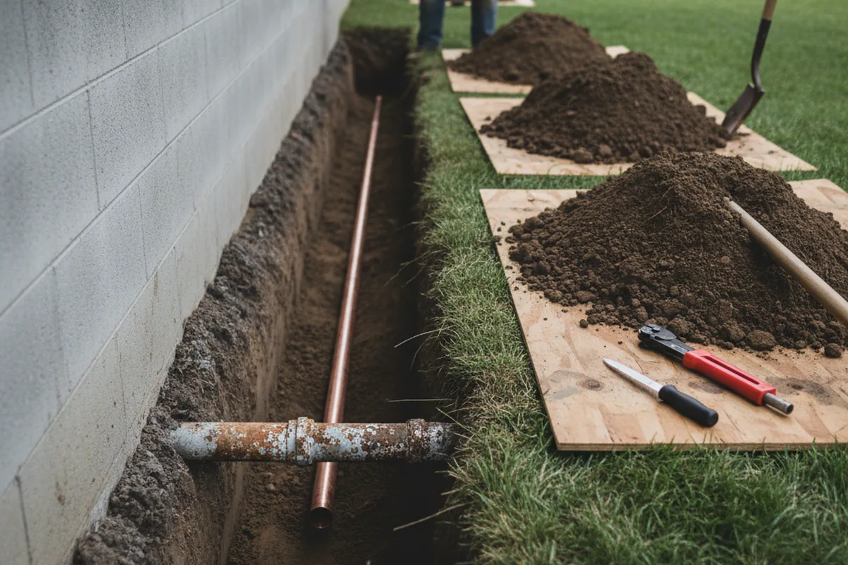 Excavated water line trench during Sewer Line Repair in Fedscreek